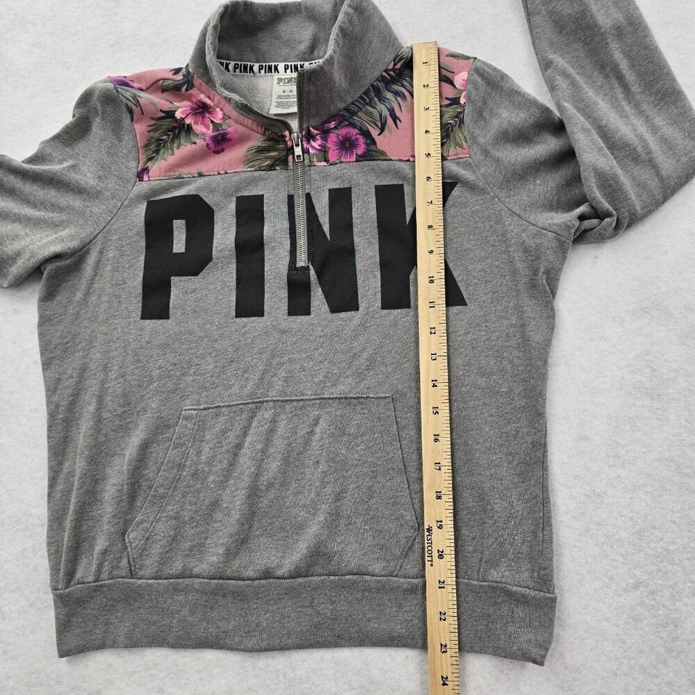 Victoria’s Secret PINK Quarter Zip Pullover Sweatshirt Sz M Gray Tropical Floral - Picture 7 of 7